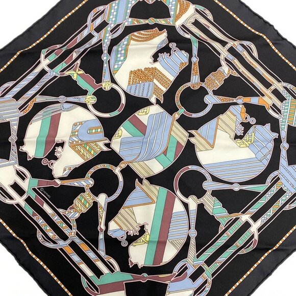 Auth HERMES Petit Carre - Black Light Blue Multi Scarf - Picture 1 of 6